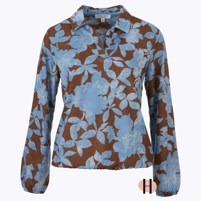 Blouson met Polokraag in met Bruin/ Blauwe Print