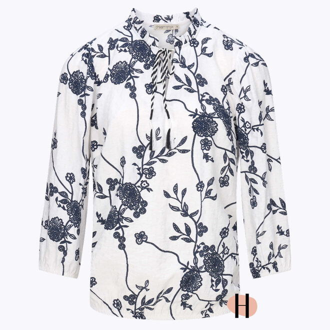 Blouson "Cleo" met Borduursel en Strikje in Ivoor-Indigo