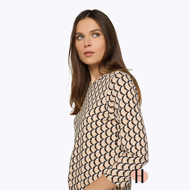 Shirt met Beige, Zwart, Wit Print