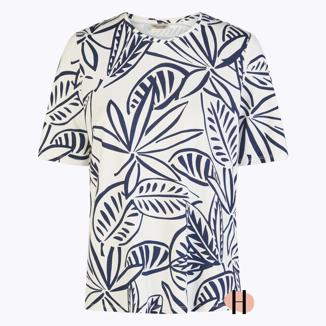 T-Shirt met Print van Bladeren in Marine/Ivoor