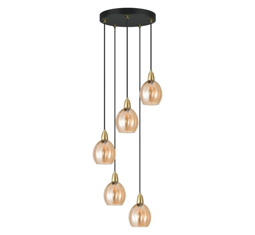 Hanglamp Baton - Zandgoud en mat zwart - Amberkleurig glas - 5 lichts