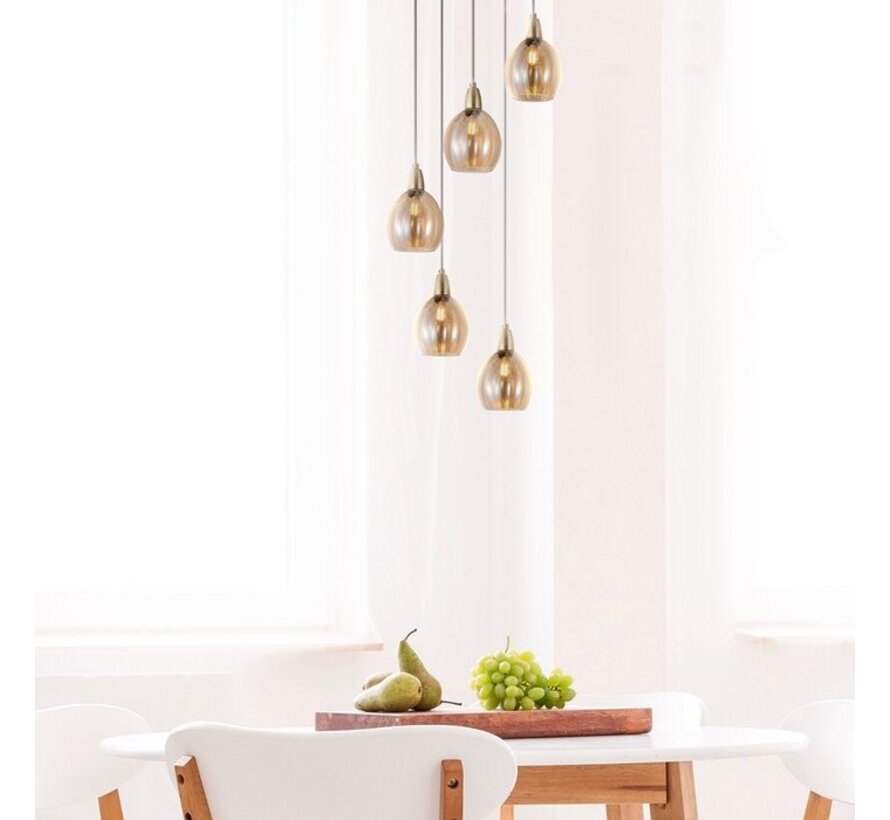 Hanglamp Baton - Zandgoud en mat zwart - Amberkleurig glas - 5 lichts