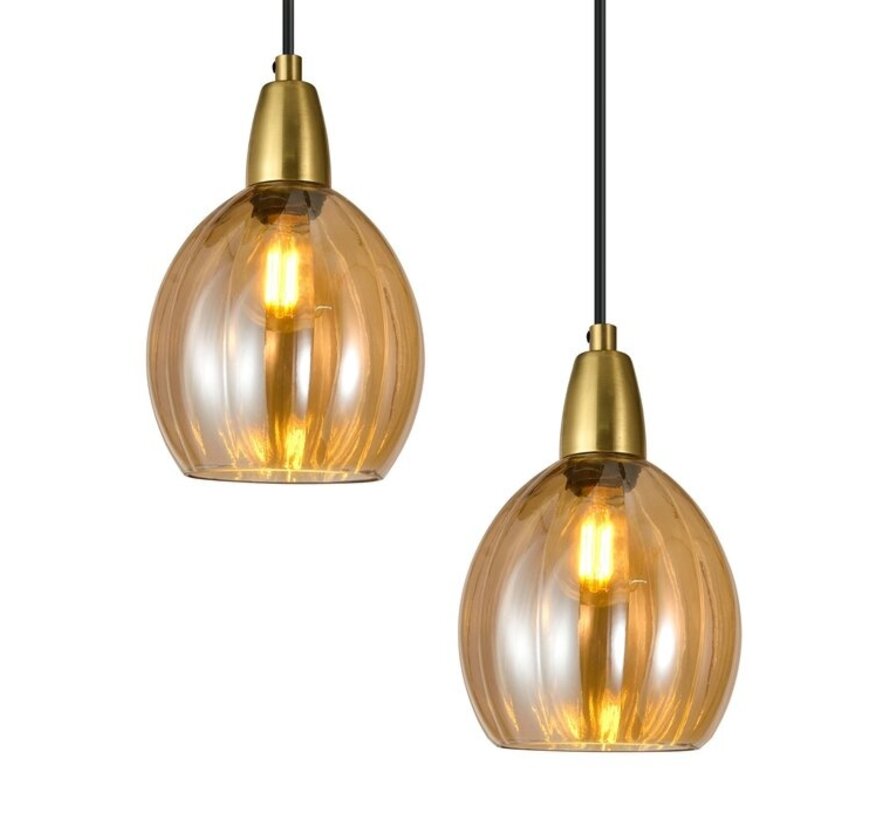 Hanglamp Baton - Zandgoud en mat zwart - Amberkleurig glas - 5 lichts