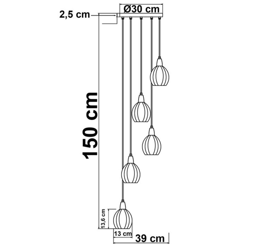 Hanglamp Baton - Zandgoud en mat zwart - Amberkleurig glas - 5 lichts