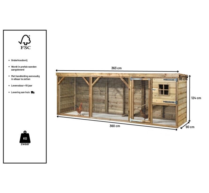 Glorenza kippenhok - Adri - 363 x 95 x 124 cm - 2 - 4 kippen
