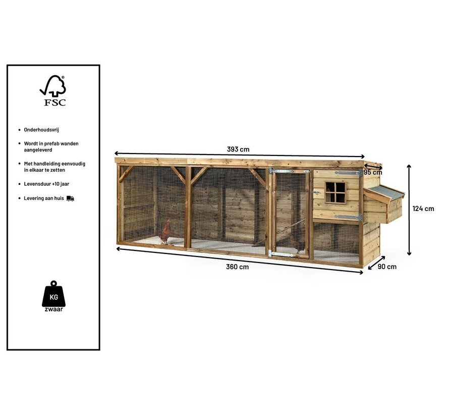 Glorenza kippenhok - Toby - 393 x 95 x 124 cm - Scharrelruimte