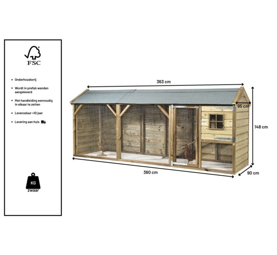 Glorenza kippenhok - Jumper - 363 x 95 x 148 cm - Prefab bouwpakket