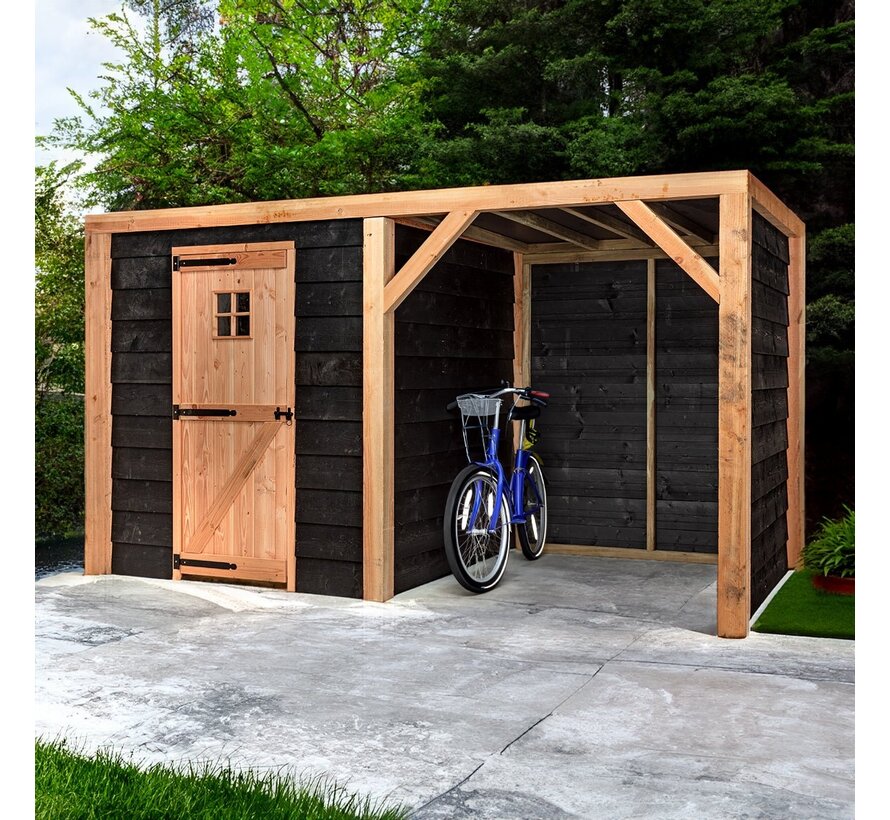 Volente Moos schuur met overkapping - 381 x 196 x 208 cm - Zwart Douglashout