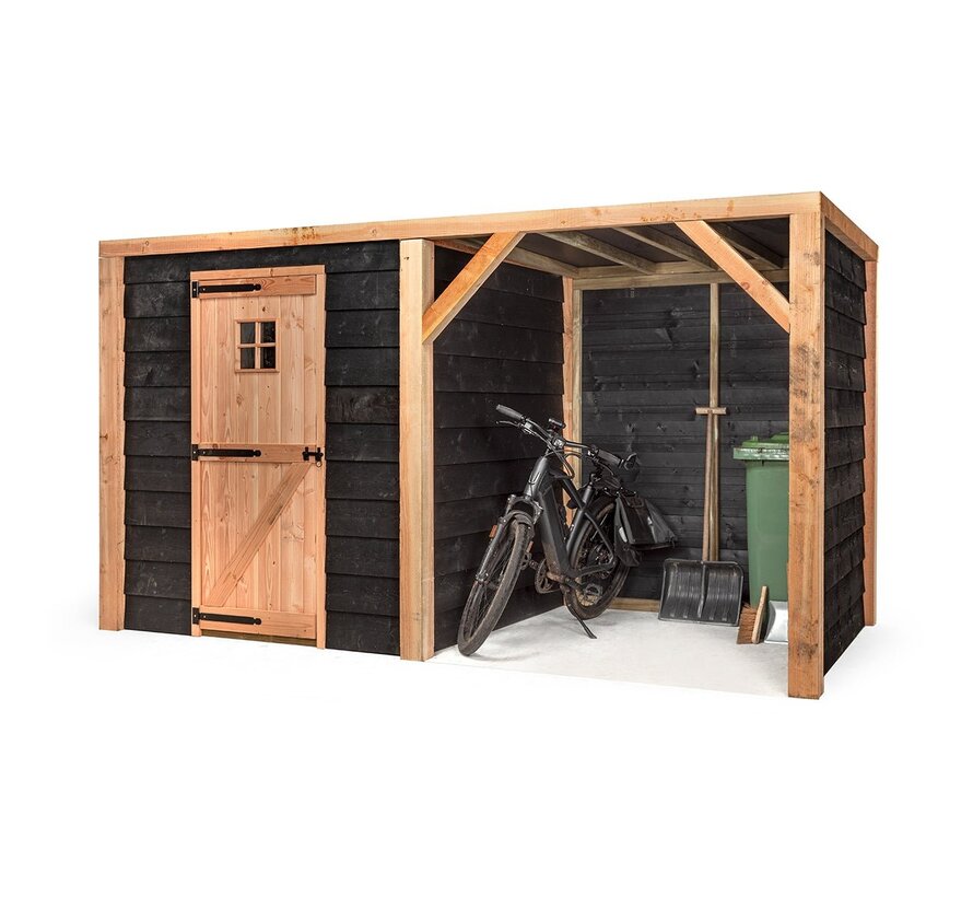 Volente Moos schuur met overkapping - 381 x 196 x 208 cm - Zwart Douglashout