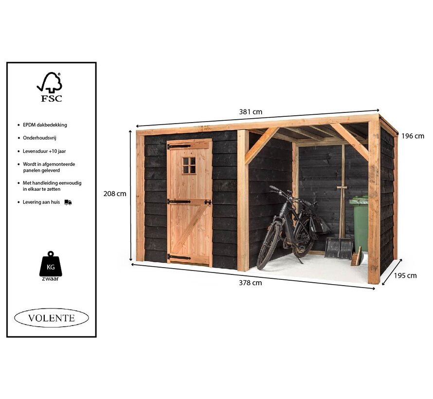 Volente Moos schuur met overkapping - 381 x 196 x 208 cm - Zwart Douglashout