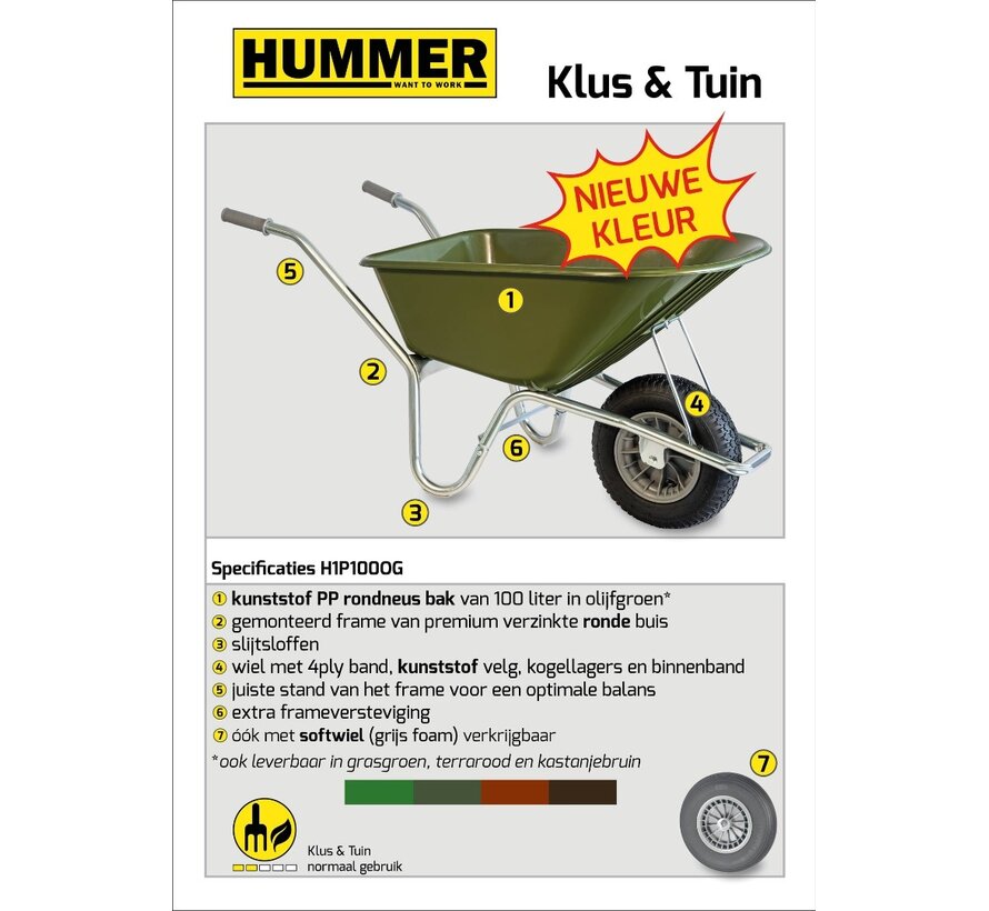 Hummer Kruiwagen - Verzinkt frame - 100 liter - 3 kleuren