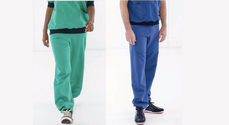 Scrub trousers in green and blue