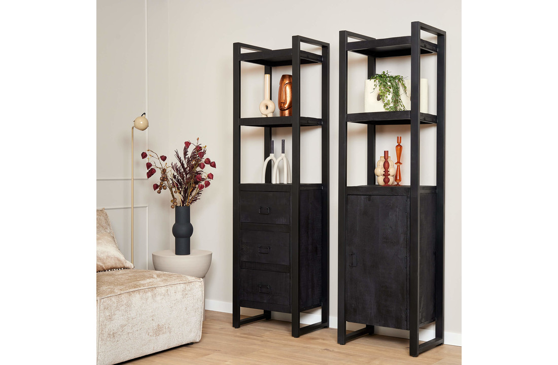 Zwarte boekenkast Britt Black met 3 lades | 200 x 55 cm
