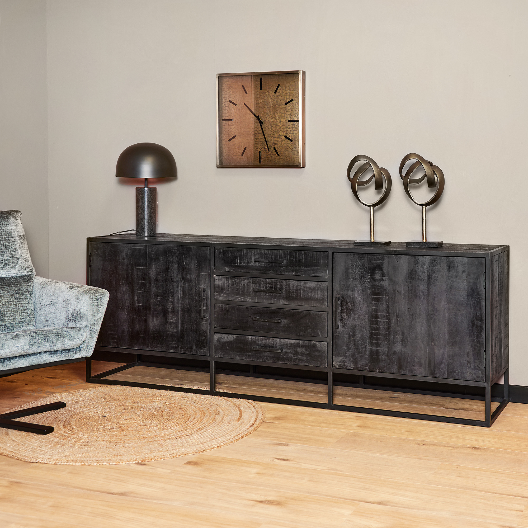 Dressoir Denver Black 210 cm | Mangohout en metaal