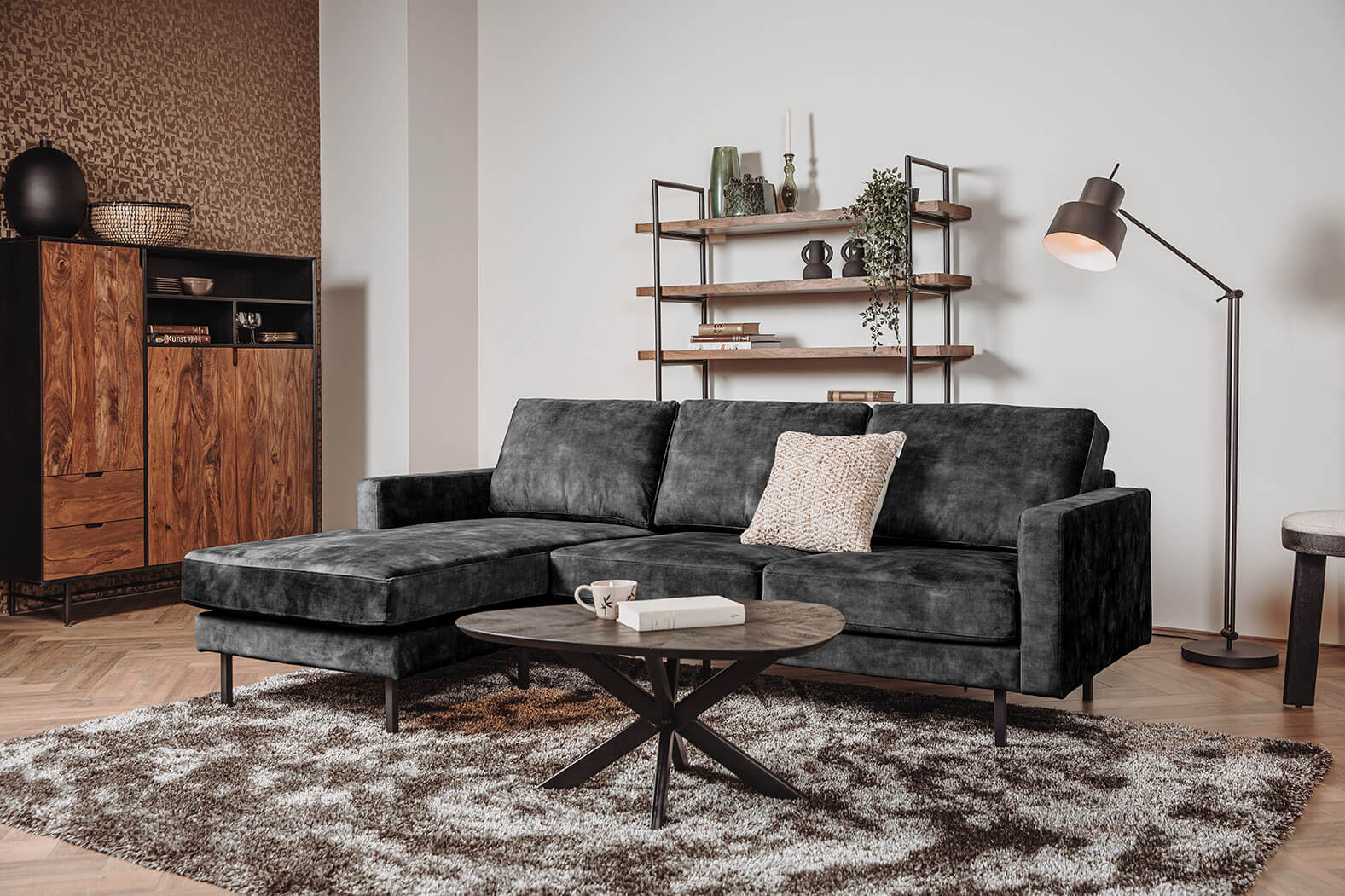 Hoekbank Cambridge | Velvet antraciet | 2,5 zits + chaise lounge