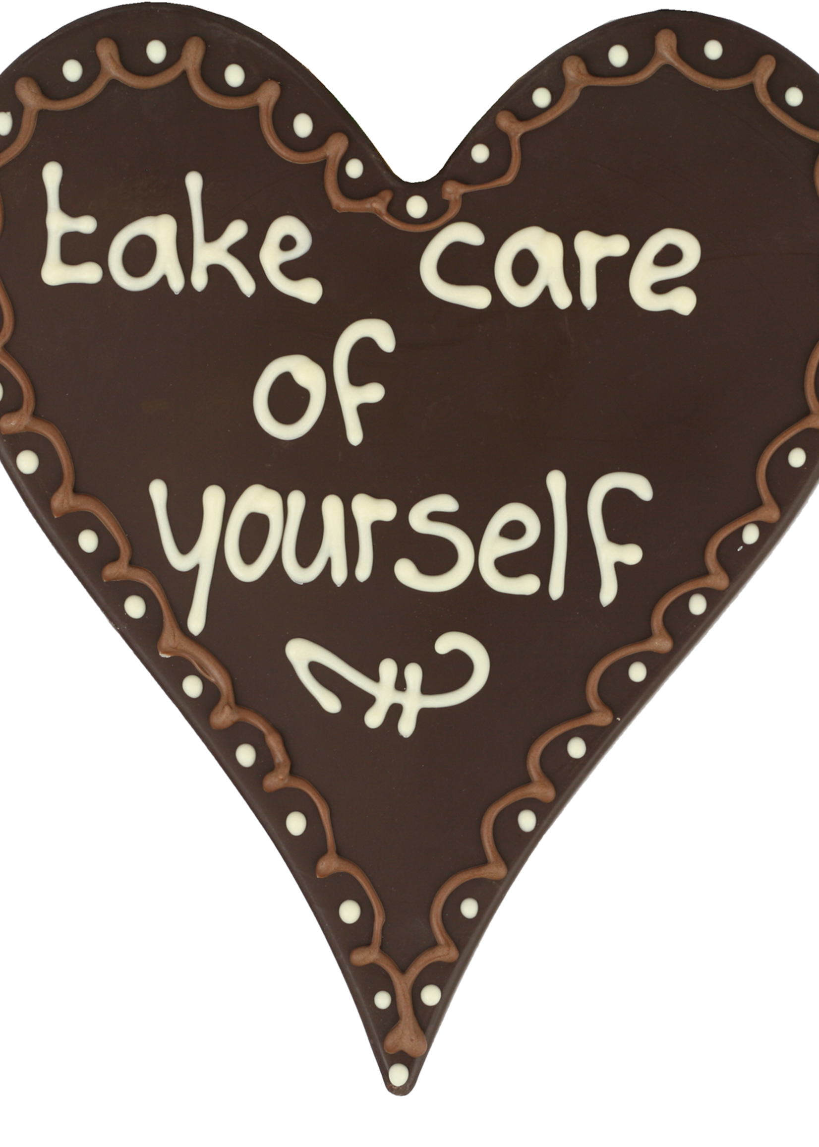 Teddy en Coco chocolade Take care of yourself - Chocoladehart XL met stippen