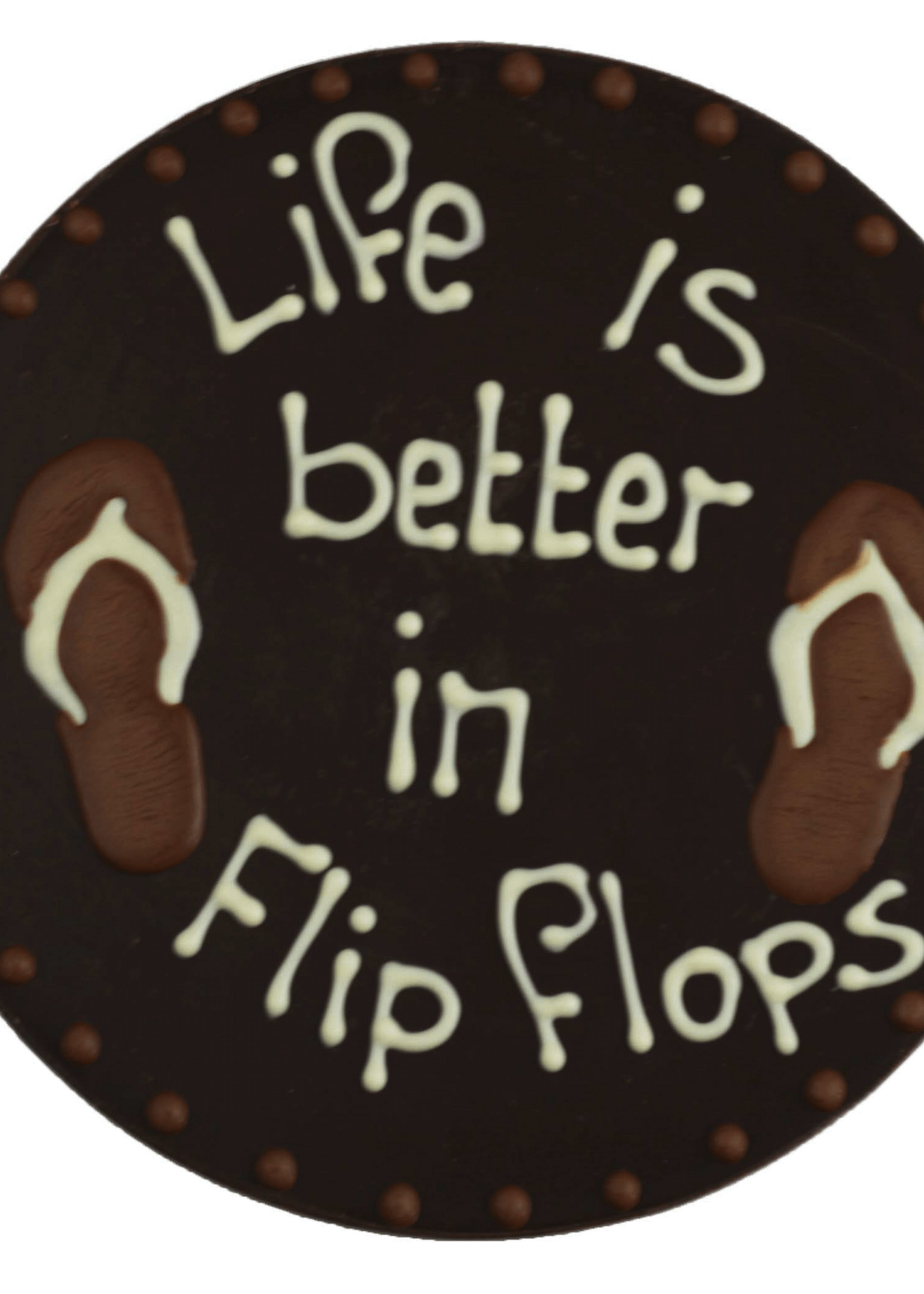 Teddy en Coco chocolade Life is better in flipflops - Rond chocoladeplakkaat