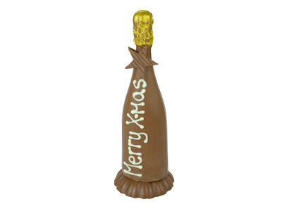 Teddy en Coco chocolade Champagnefles van chocolade met tekst: Merry X-mas