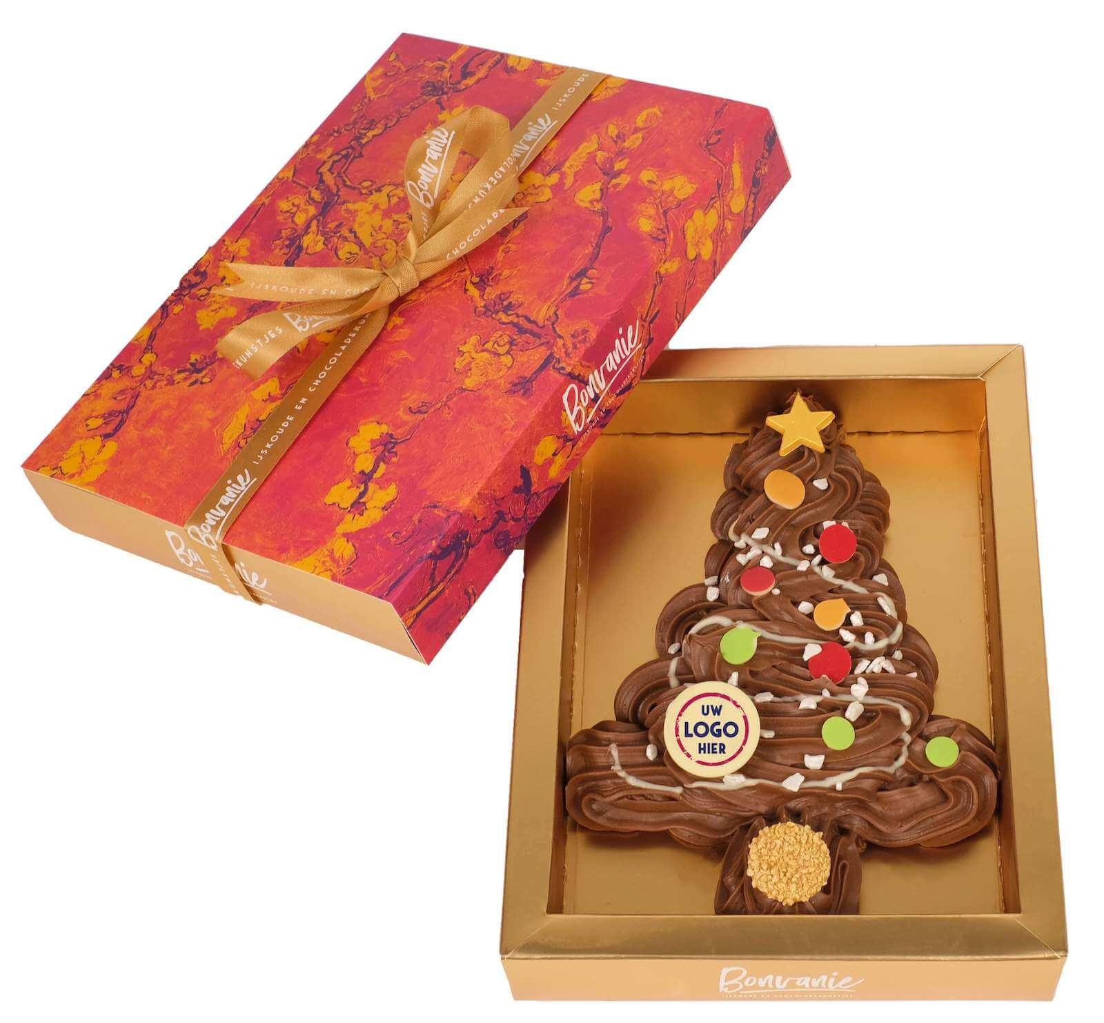 Luxe handgespoten kerstboom van chocolade met logo Bonvanie