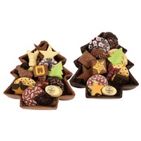 Chocoladekerstboom gevuld met diverse soorten chocolade met logo