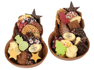 Teddy en Coco chocolade Sneeuwpop gevuld met kerstchocolade met logo