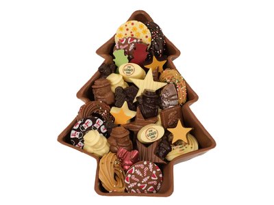 Teddy en Coco chocolade Chocoladekerstboom xxl gevuld met kerstchocolade  met logo