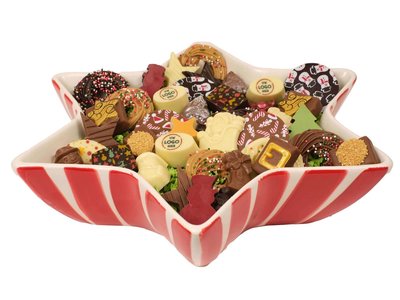 Teddy en Coco chocolade Kerstschaal gevuld met chocolade met logo