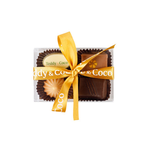 Teddy en Coco chocolade Vier bonbons in mini doosje met logo