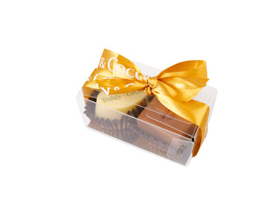 Teddy en Coco chocolade Twee bonbons in mini doosje met logo
