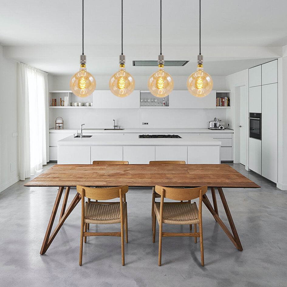 Suspension industriel effet argent et noir mat avec ampoule XXXL 8.5W à 10W, verre ambré, 2000K, Ø200