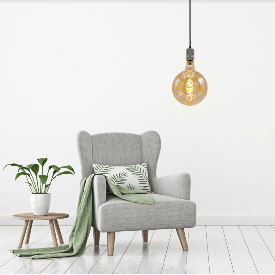Suspension à cordon industrielle argentée incl. ampoule XXXL 8,5W à 10W, verre ambré, 2000 K, Ø200 mm