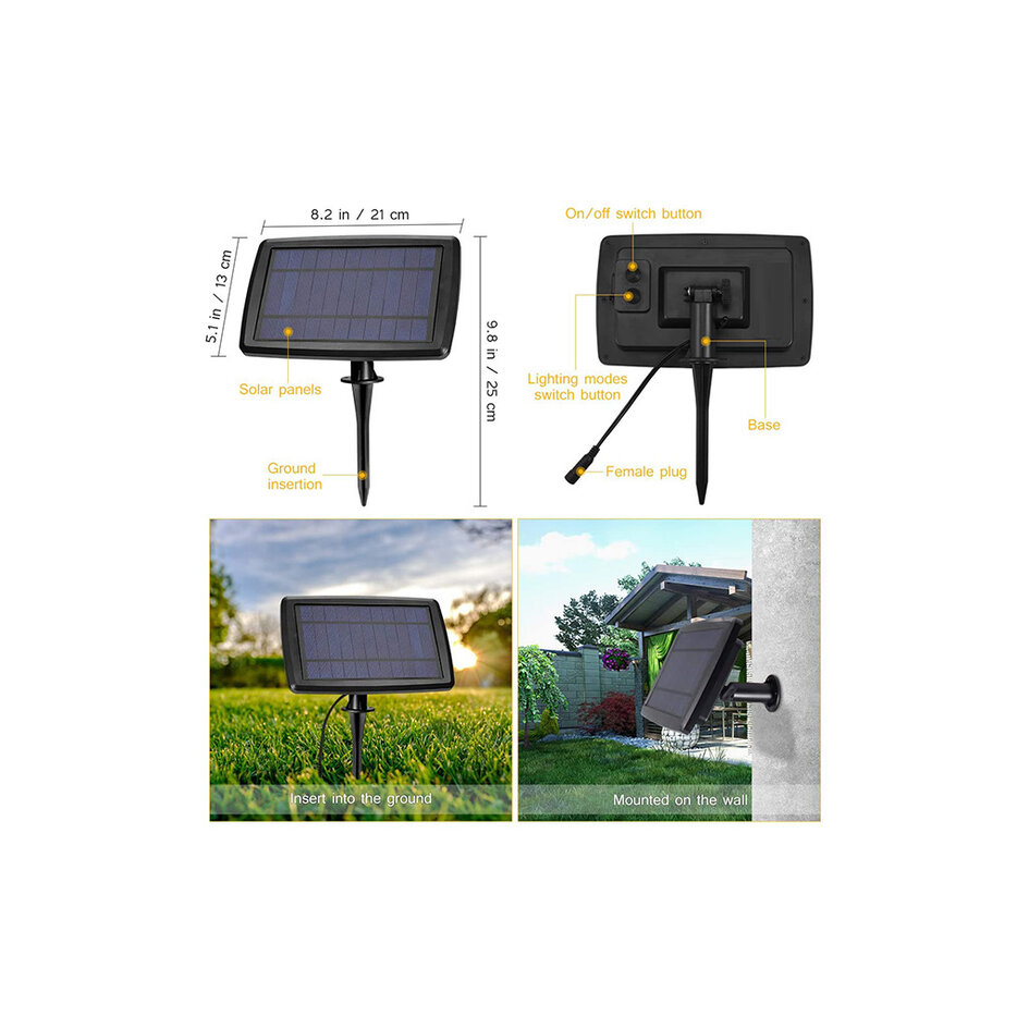 Guirlande lumineuse solaire 10 m, 20 petites ampoules rondes, panneau 3W (IP20)