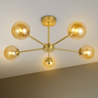 Plafonnier moderne de couleur or avec verre ambré, 5 lumières - Louisa