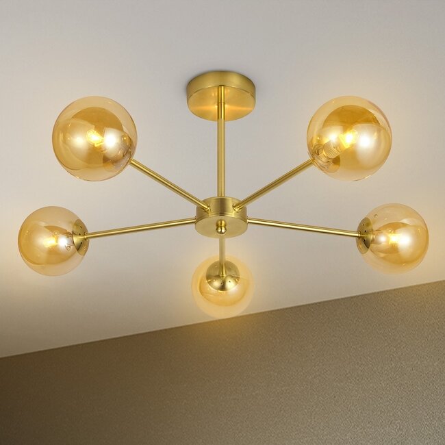 Plafonnier moderne de couleur or avec verre ambré, 5 lumières - Louisa
