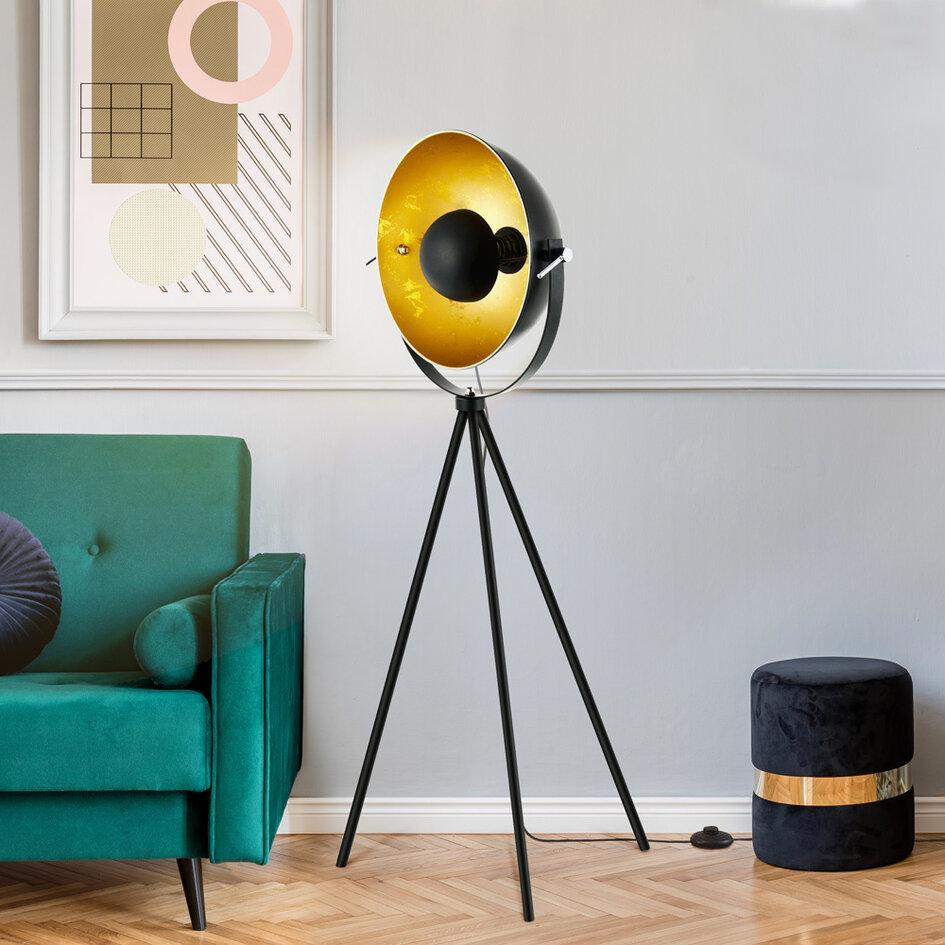 Lampadaire tripode design noir et doré - Charlotte
