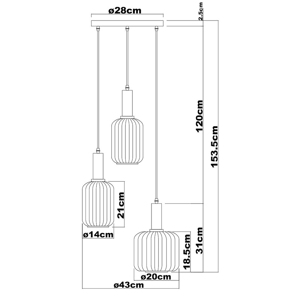 Suspension 3 lumières noire et doré avec verre strié - Sita
