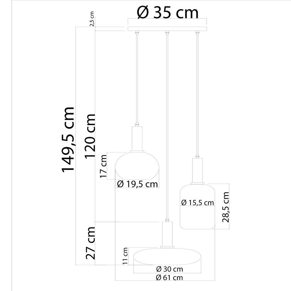 Lampe suspendue Dennis avec verre blanc laiteux, 3 lumières