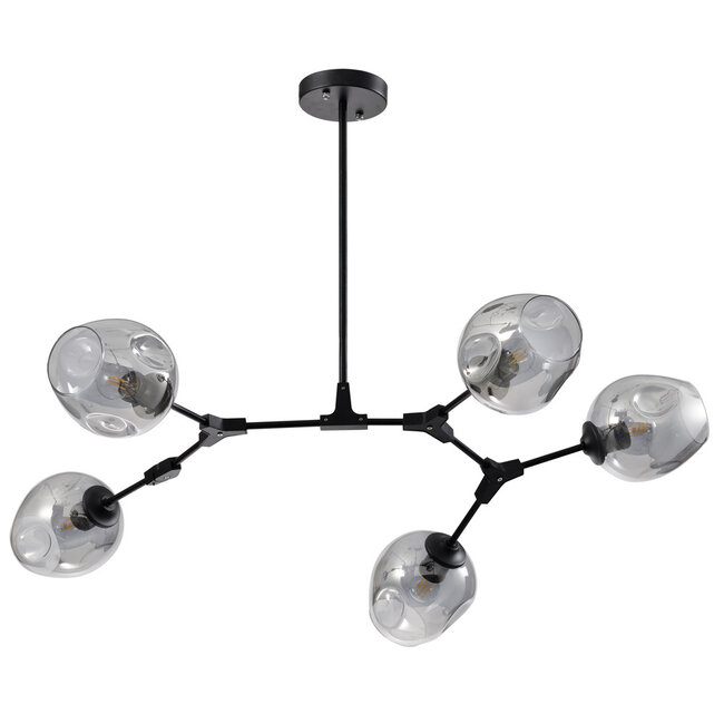 Suspension design 5 lumières en noir avec verre fumé - Thalia