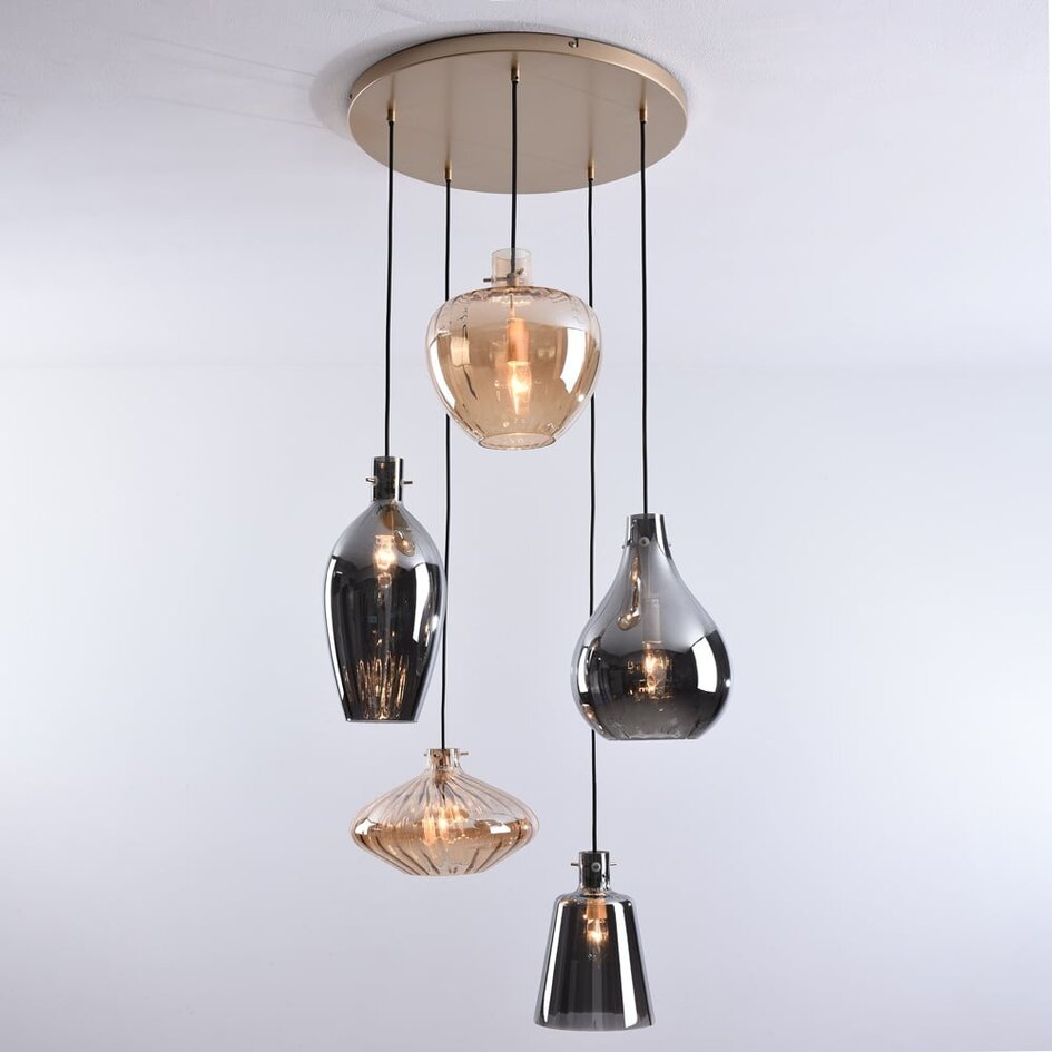 Suspension Nisa 5 lumières en verre ambré et fumé - doré