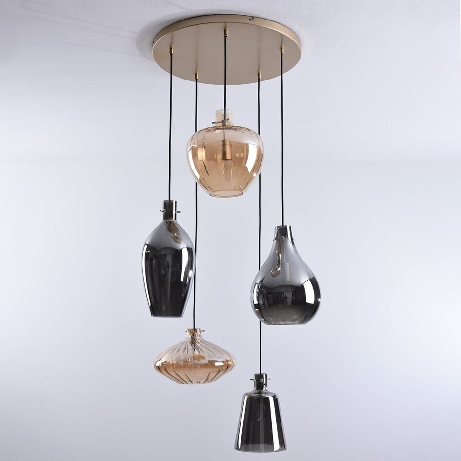 Suspension Nisa 5 lumières en verre ambré et fumé - doré