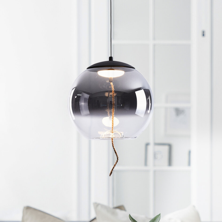 Suspension Vajen à intensité variable - verre fumé et corde de chanvre