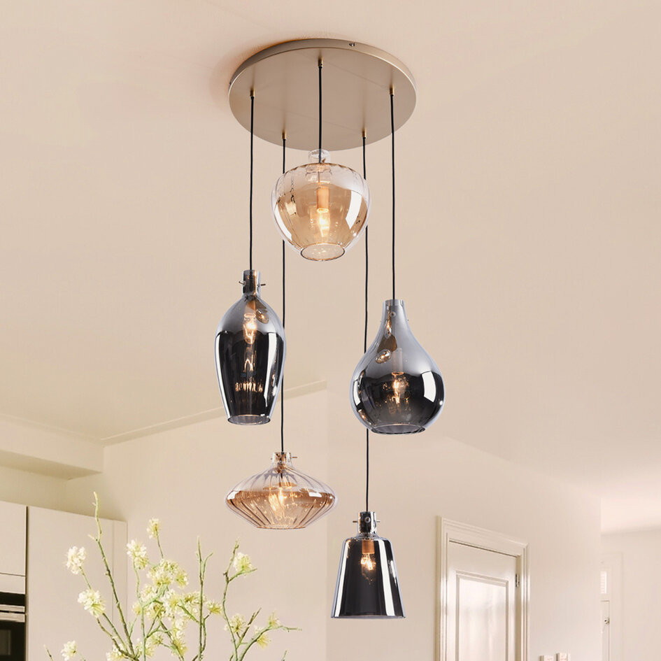 Suspension avec verre ambré et fumé, 5 lumières - Nisa