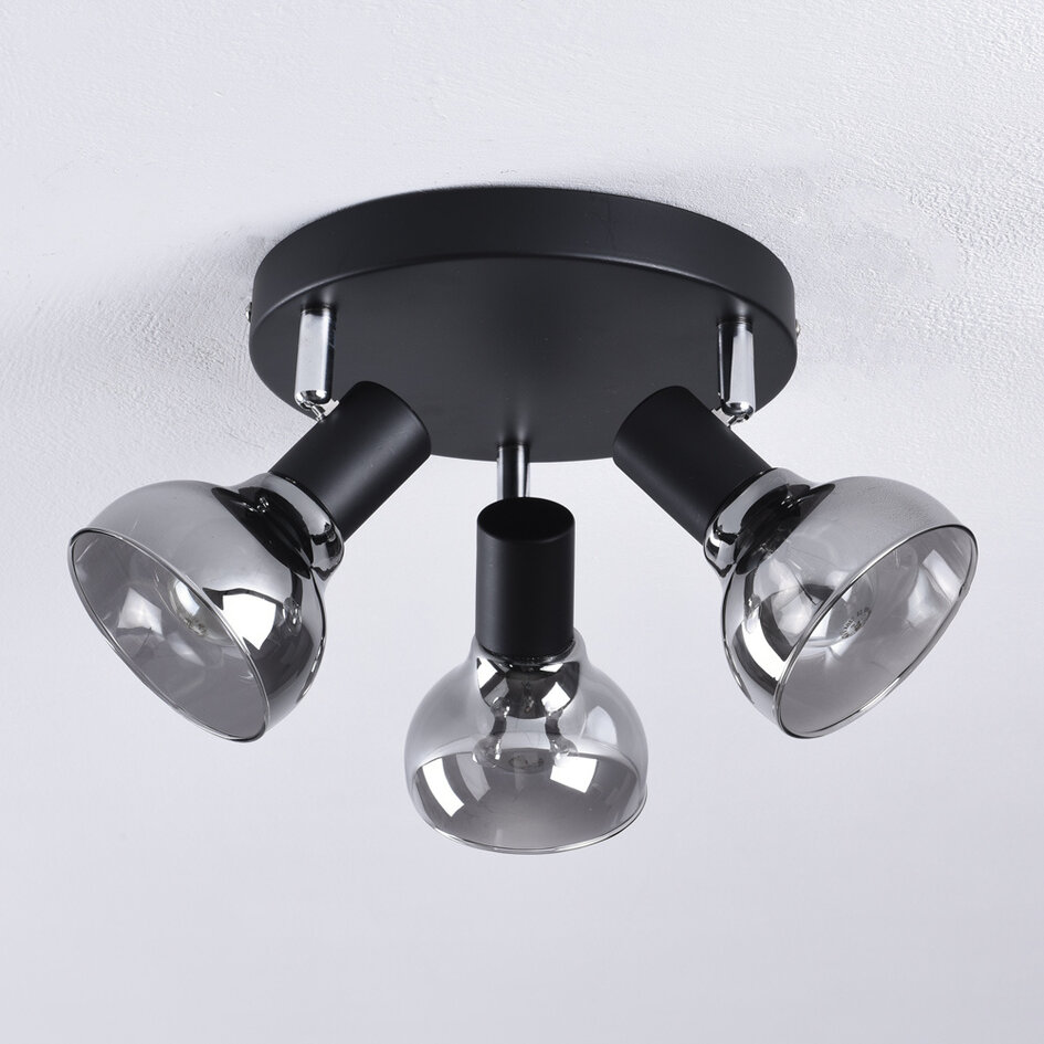 Plafonnier à spots moderne Atlanta 3 lumières, noir mat et verre fumé gris