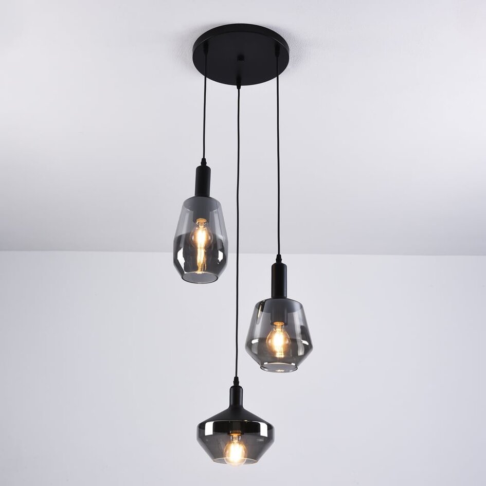 Suspension à 3 lumières Mala - verre fumé et noir