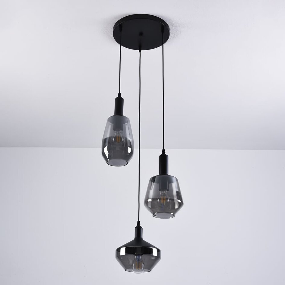 Suspension à 3 lumières Mala - verre fumé et noir