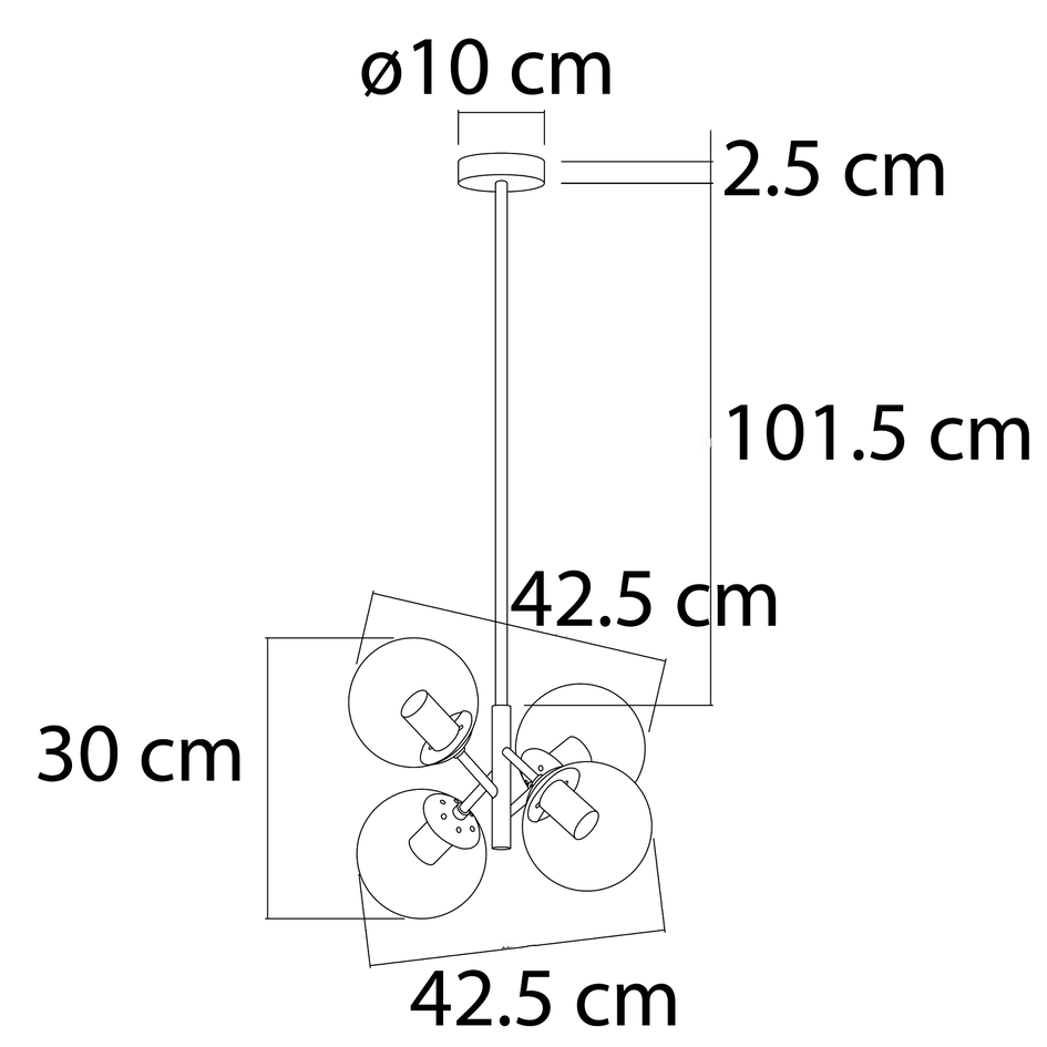 Suspension rétro noire avec verre fumé, 4 lumières - Florence