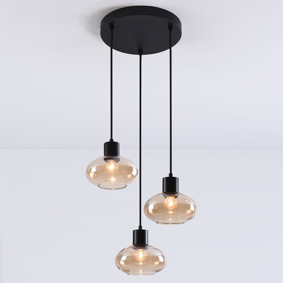 Suspension moderne Vida 3 lumières en verre ambré - noir