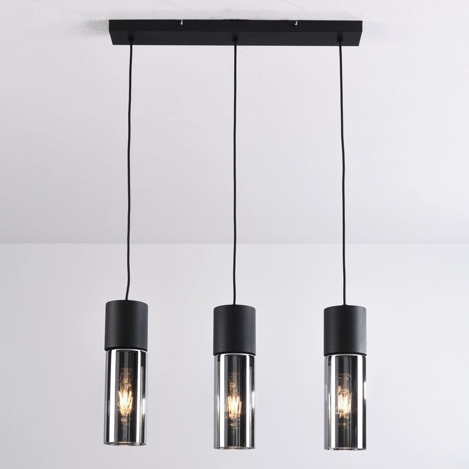 Suspension à 3 lumières Esila - verre fumé et noir, allongée