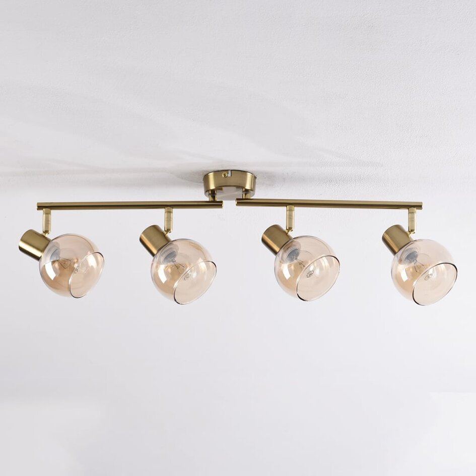 Plafonnier à 4 lumières Pela - verre ambré et laiton doré