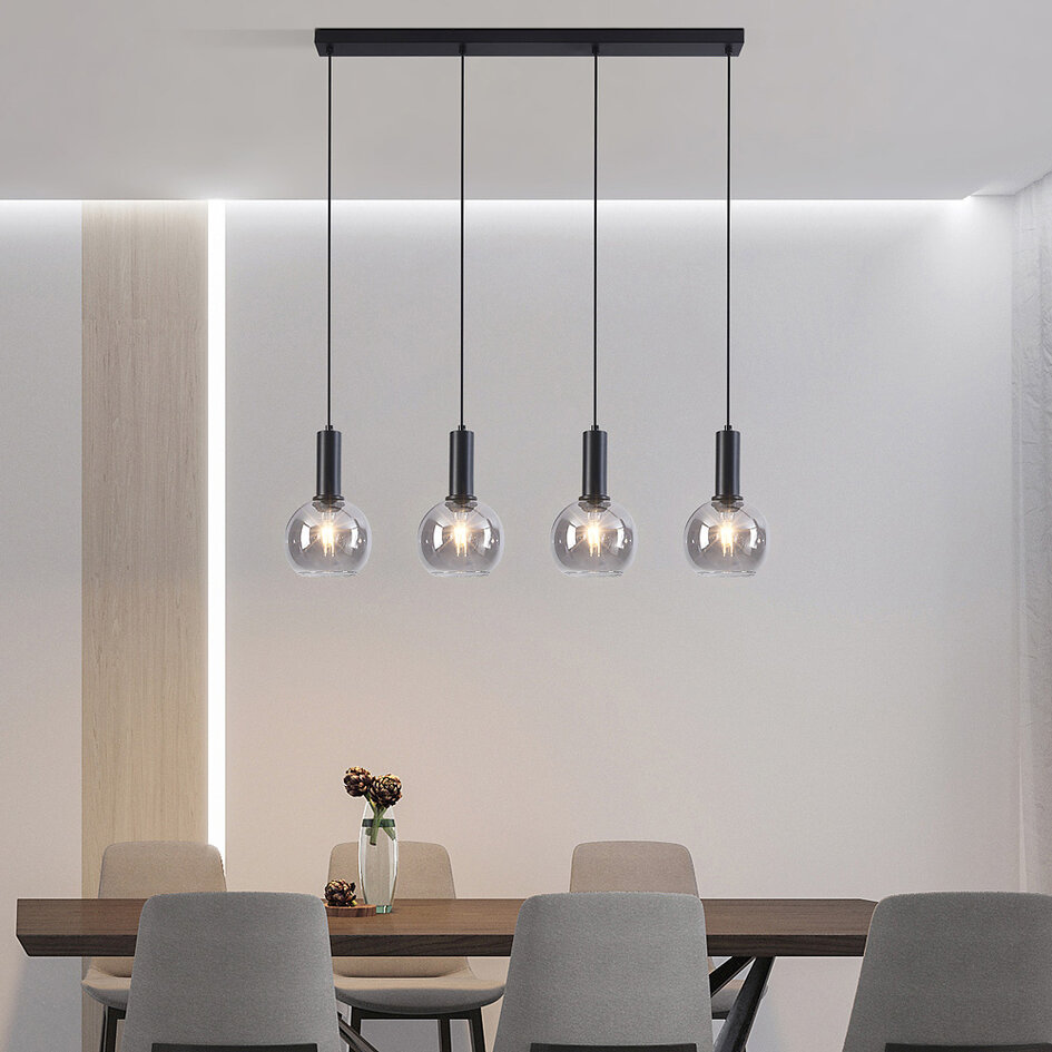 Lampe suspendue noire Imke avec verre fumé, 4 lumières